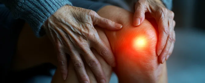 Person clutching knee with red highlight showing chronic knee pain and discomfort.