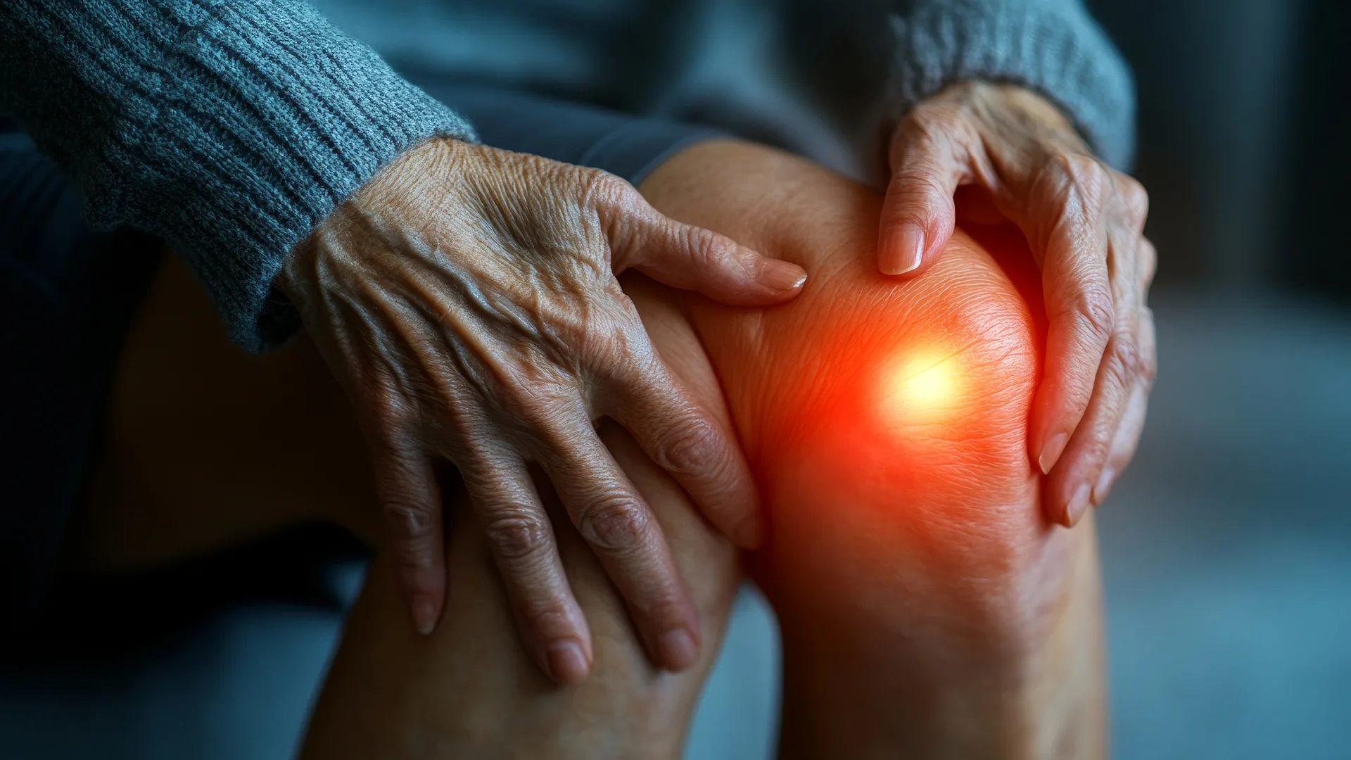 Person clutching knee with red highlight showing chronic knee pain and discomfort.